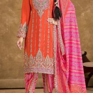 Orange Color Suit With Dhoti in Chinon With Embroidery and Mirror Work
