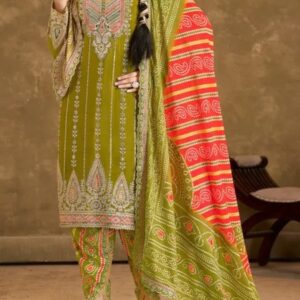 Mehendi Suit With Dhoti in Chinon With Embroidery and Mirror Work