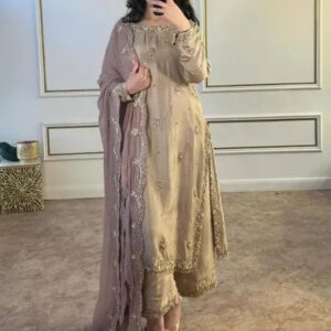 Beige Color Palazzo Suit in Chinon With Sequence Embroidery and Orna